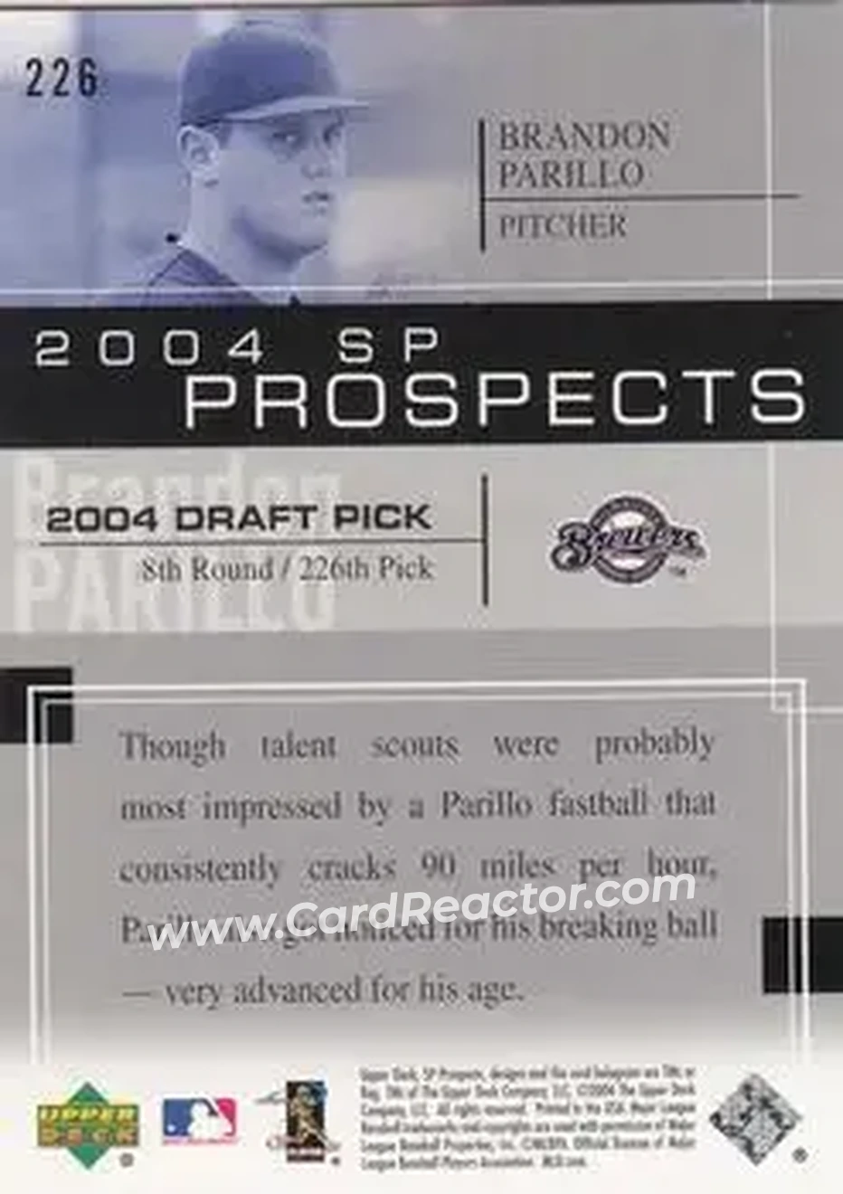 2004 SP Prospects #226 - Brandon Parillo - Milwaukee Brewers - Back