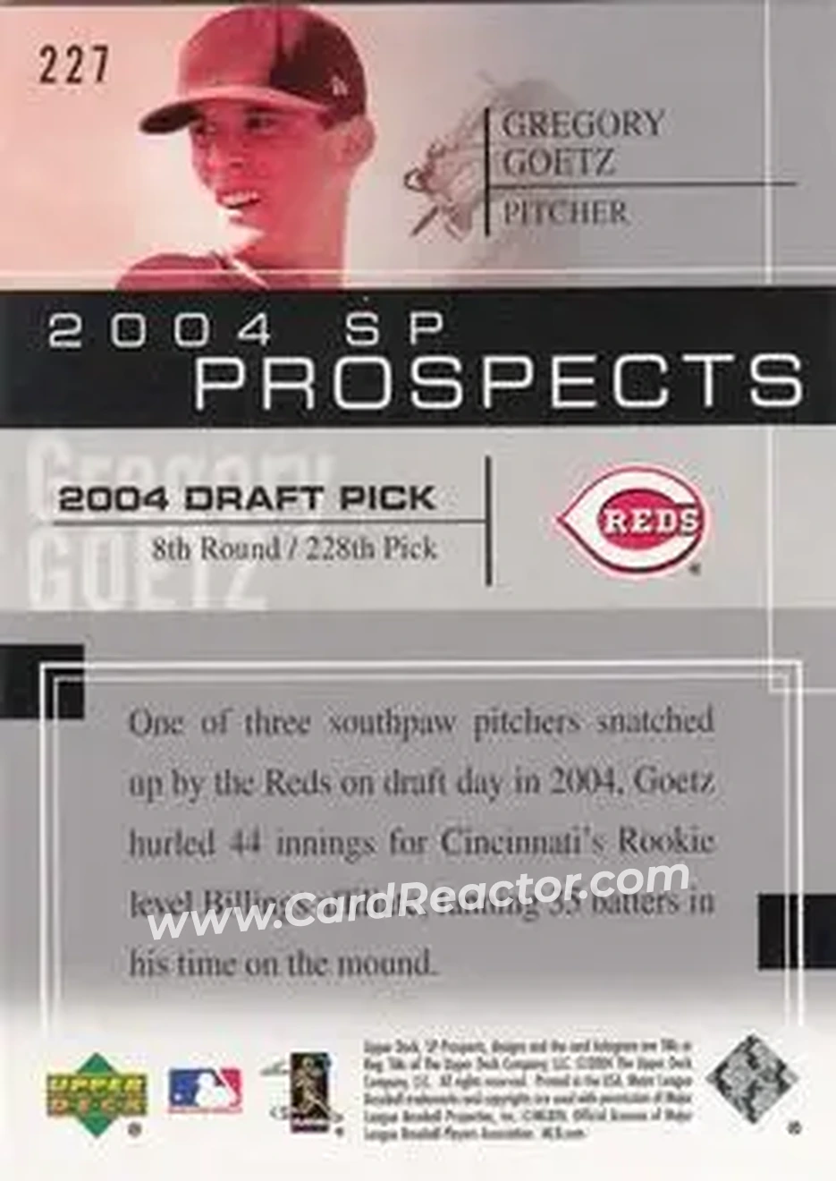 2004 SP Prospects #227 - Gregory Goetz - Cincinnati Reds - Back 2004 SP Prospects #227 - Gregory Goetz - Cincinnati Reds - Back
