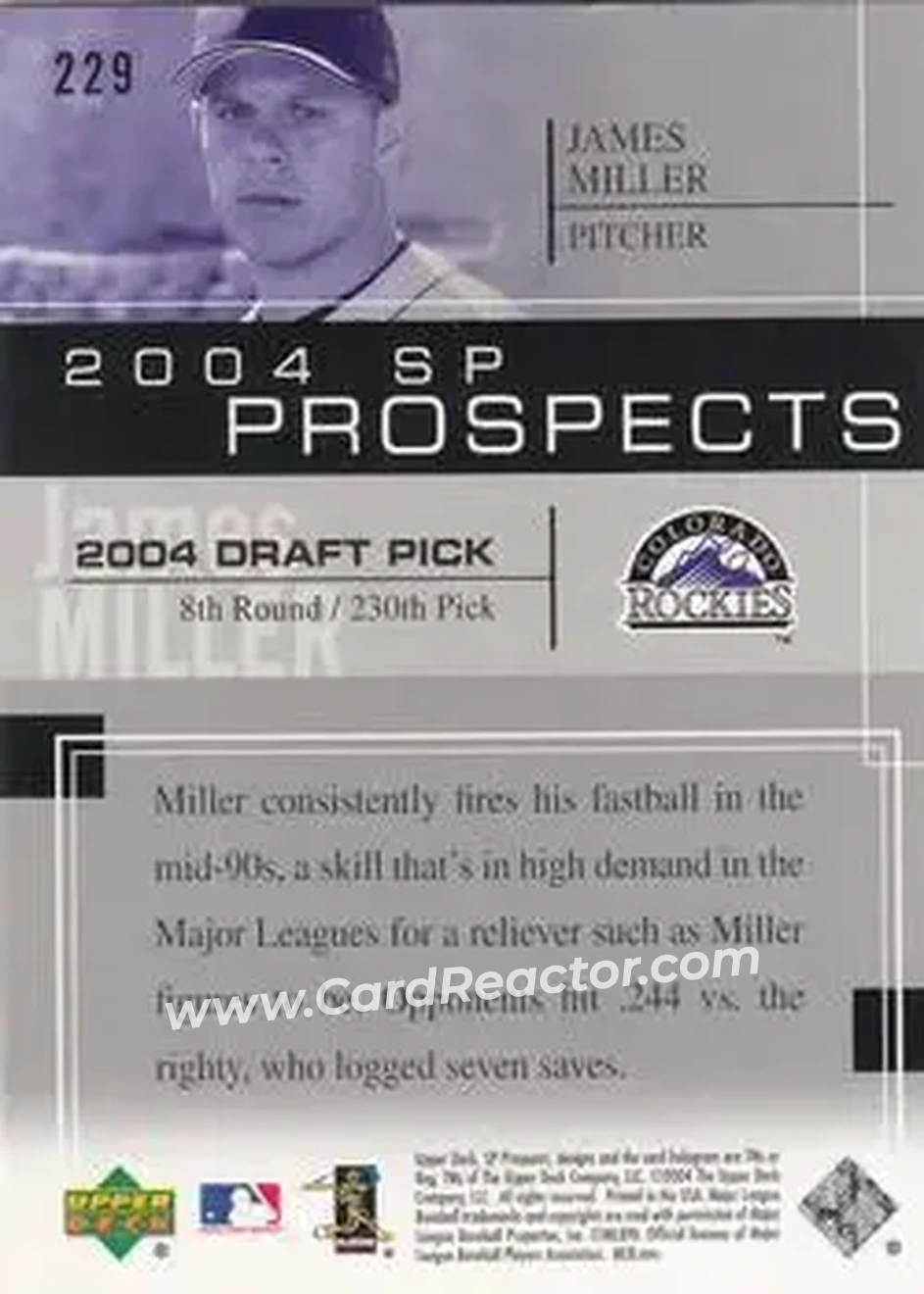 2004 SP Prospects #229 - James Miller - Colorado Rockies - Back 2004 SP Prospects #229 - James Miller - Colorado Rockies - Back