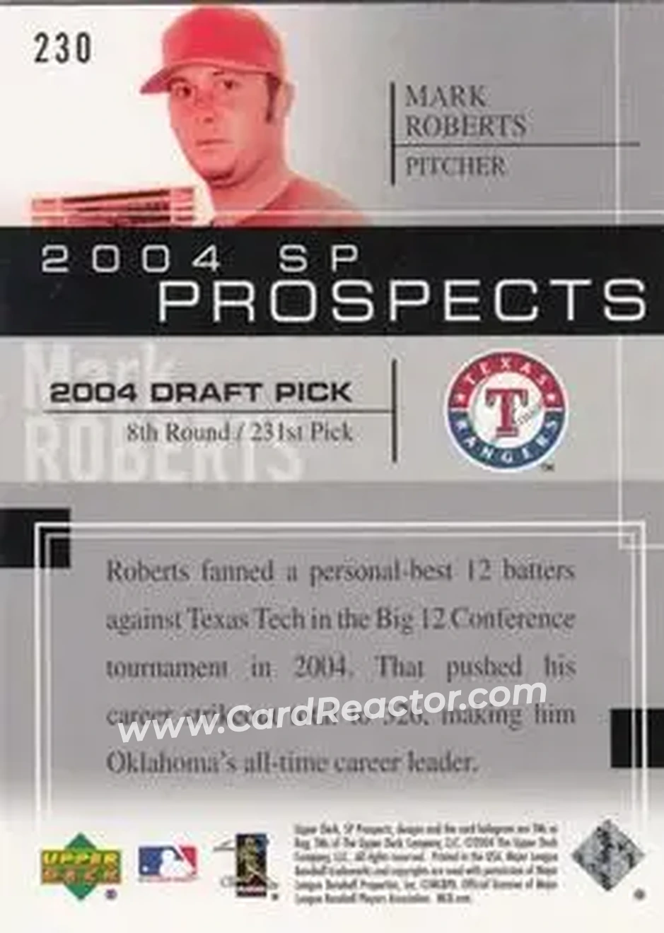2004 SP Prospects #230 - Mark Roberts - Texas Rangers - Back