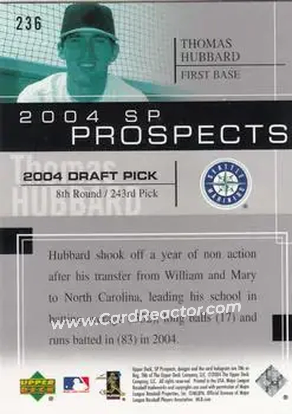 2004 SP Prospects #236 - Thomas Hubbard - Seattle Mariners - Back