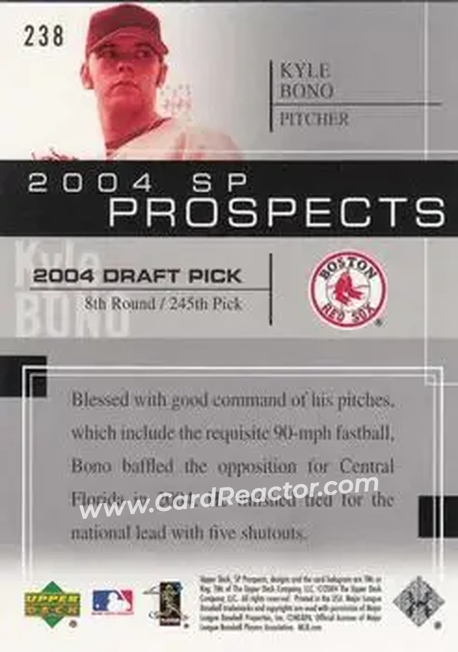 2004 SP Prospects #238 - Kyle Bono - Boston Red Sox - Back 2004 SP Prospects #238 - Kyle Bono - Boston Red Sox - Back