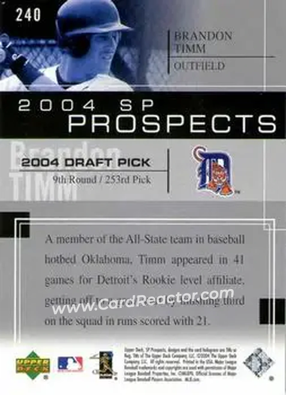2004 SP Prospects #240 - Brandon Timm - Detroit Tigers - Back