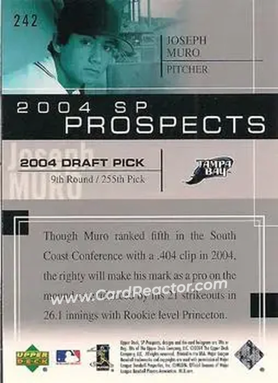 2004 SP Prospects #242 - Joseph Muro - Tampa Bay Devil Rays - Back