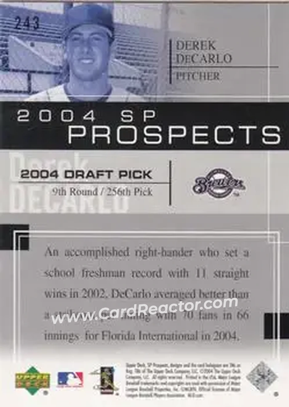 2004 SP Prospects #243 - Derek DeCarlo - Milwaukee Brewers - Back