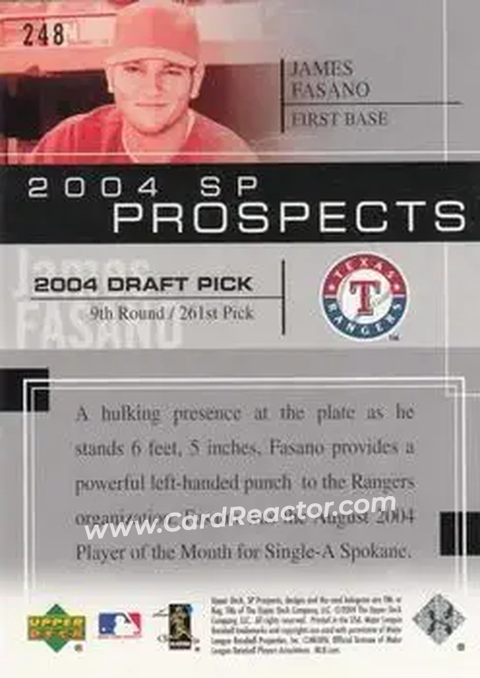 2004 SP Prospects #248 - James Fasano - Texas Rangers - Back