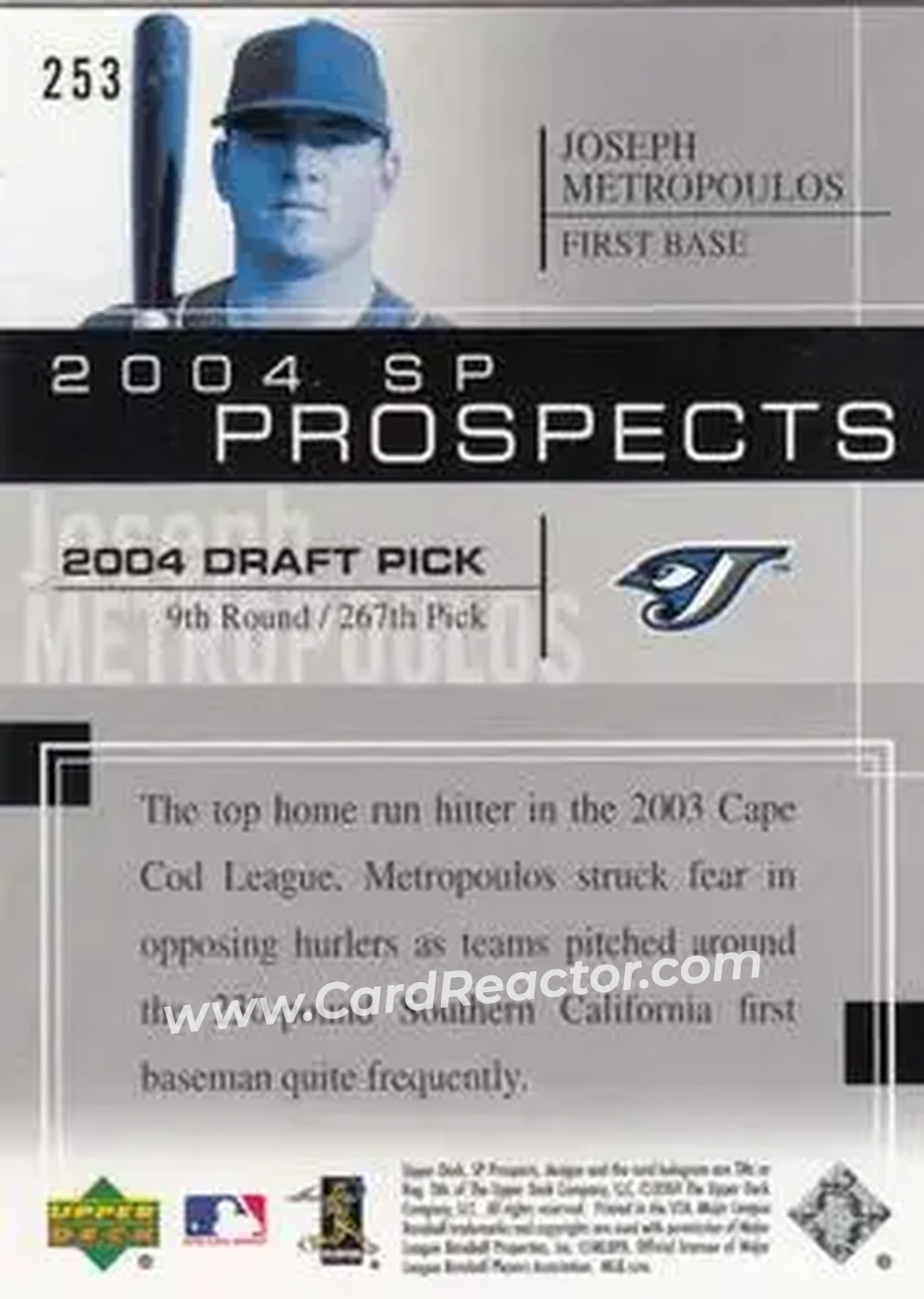 2004 SP Prospects #253 - Joseph Metropoulos - Toronto Blue Jays - Back