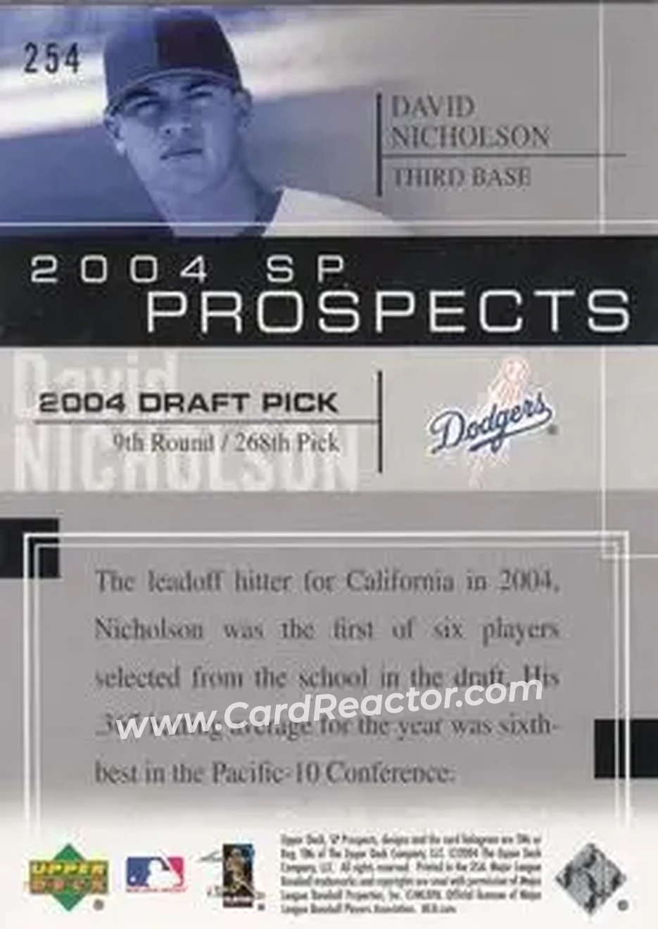 2004 SP Prospects #254 - David Nicholson - Los Angeles Dodgers - Back 2004 SP Prospects #254 - David Nicholson - Los Angeles Dodgers - Back