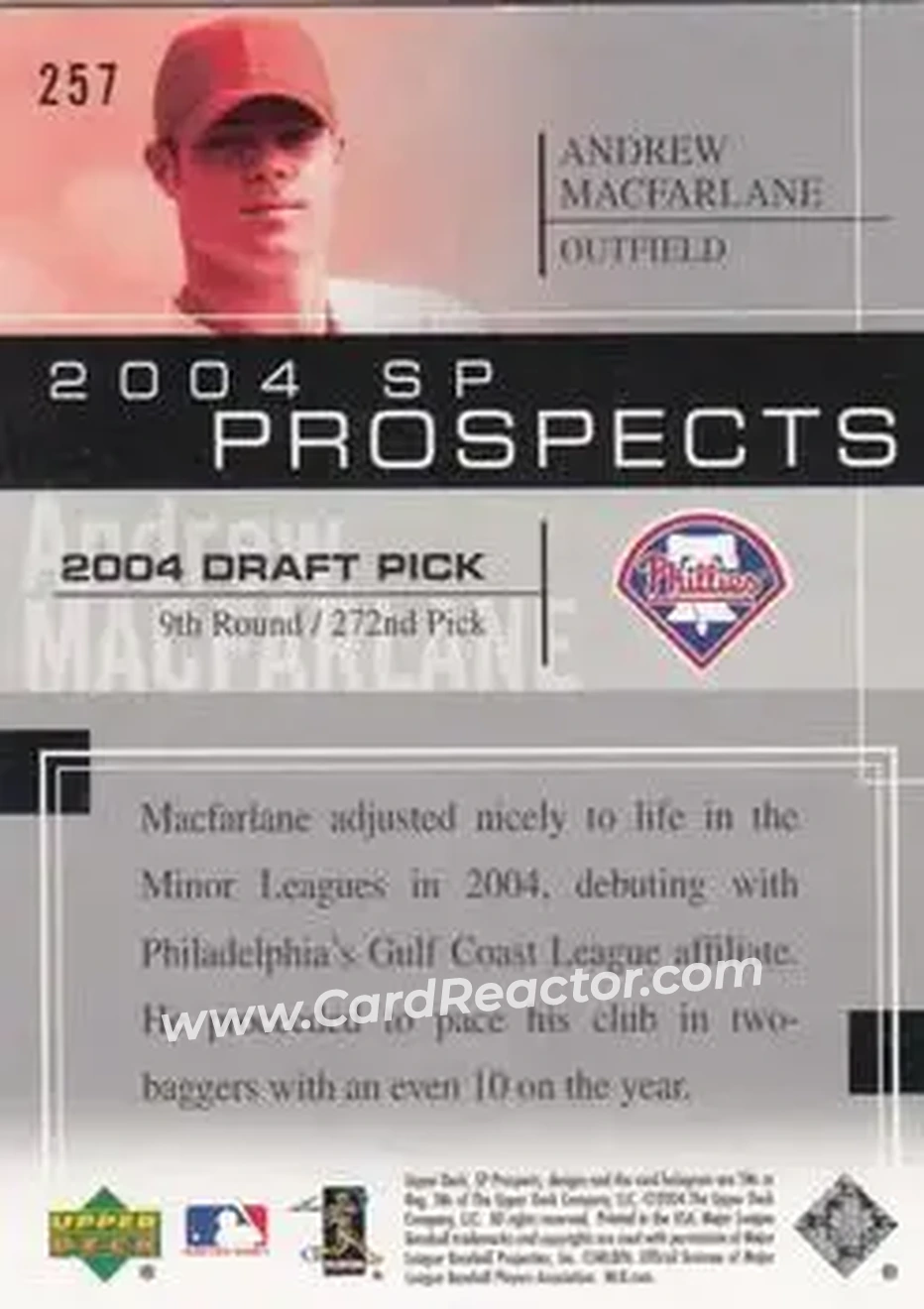 2004 SP Prospects #257 - Andrew MacFarlane - Philadelphia Phillies - Back 2004 SP Prospects #257 - Andrew MacFarlane - Philadelphia Phillies - Back