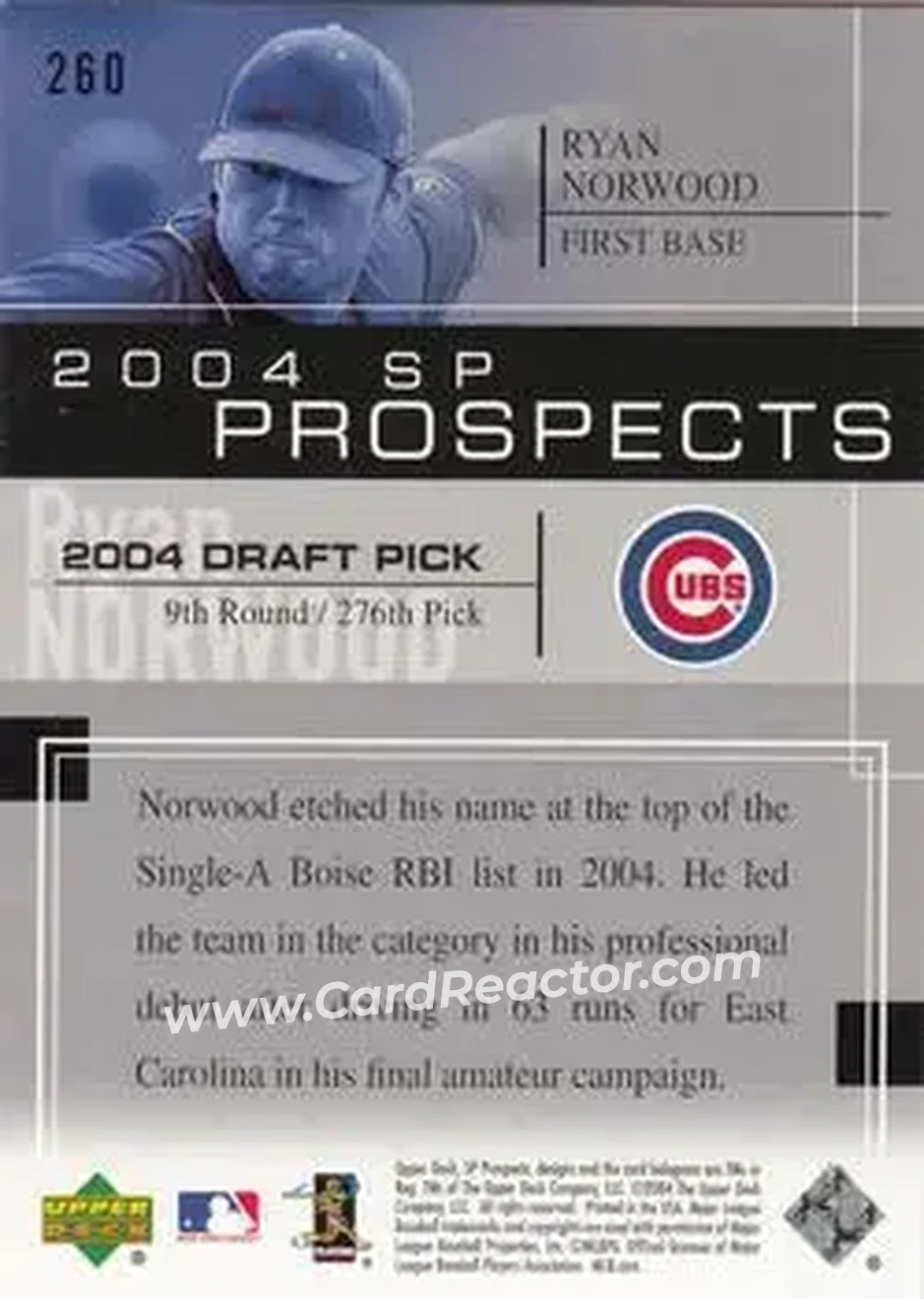 2004 SP Prospects #260 - Ryan Norwood - Chicago Cubs - Back