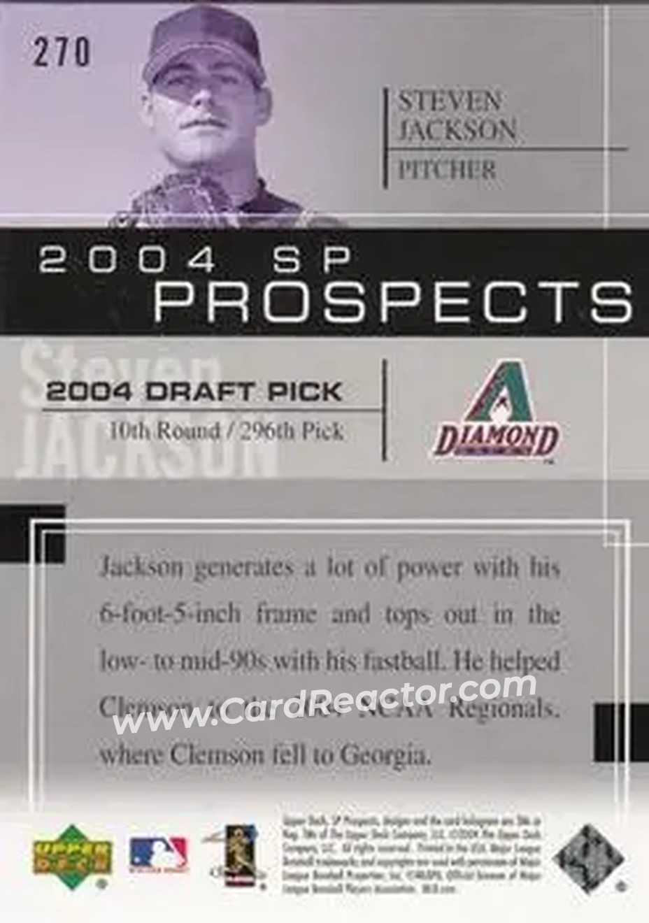 2004 SP Prospects #270 - Steven Jackson - Arizona Diamondbacks - Back 2004 SP Prospects #270 - Steven Jackson - Arizona Diamondbacks - Back