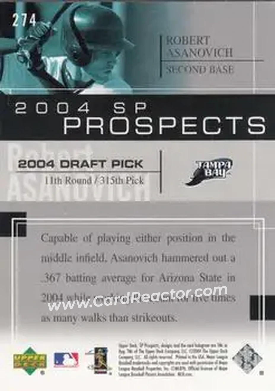 2004 SP Prospects #274 - Robert Asanovich - Tampa Bay Devil Rays - Back