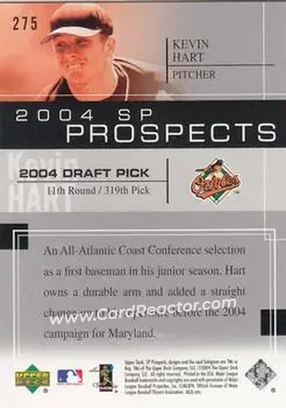 2004 SP Prospects #275 - Kevin Hart - Baltimore Orioles - Back