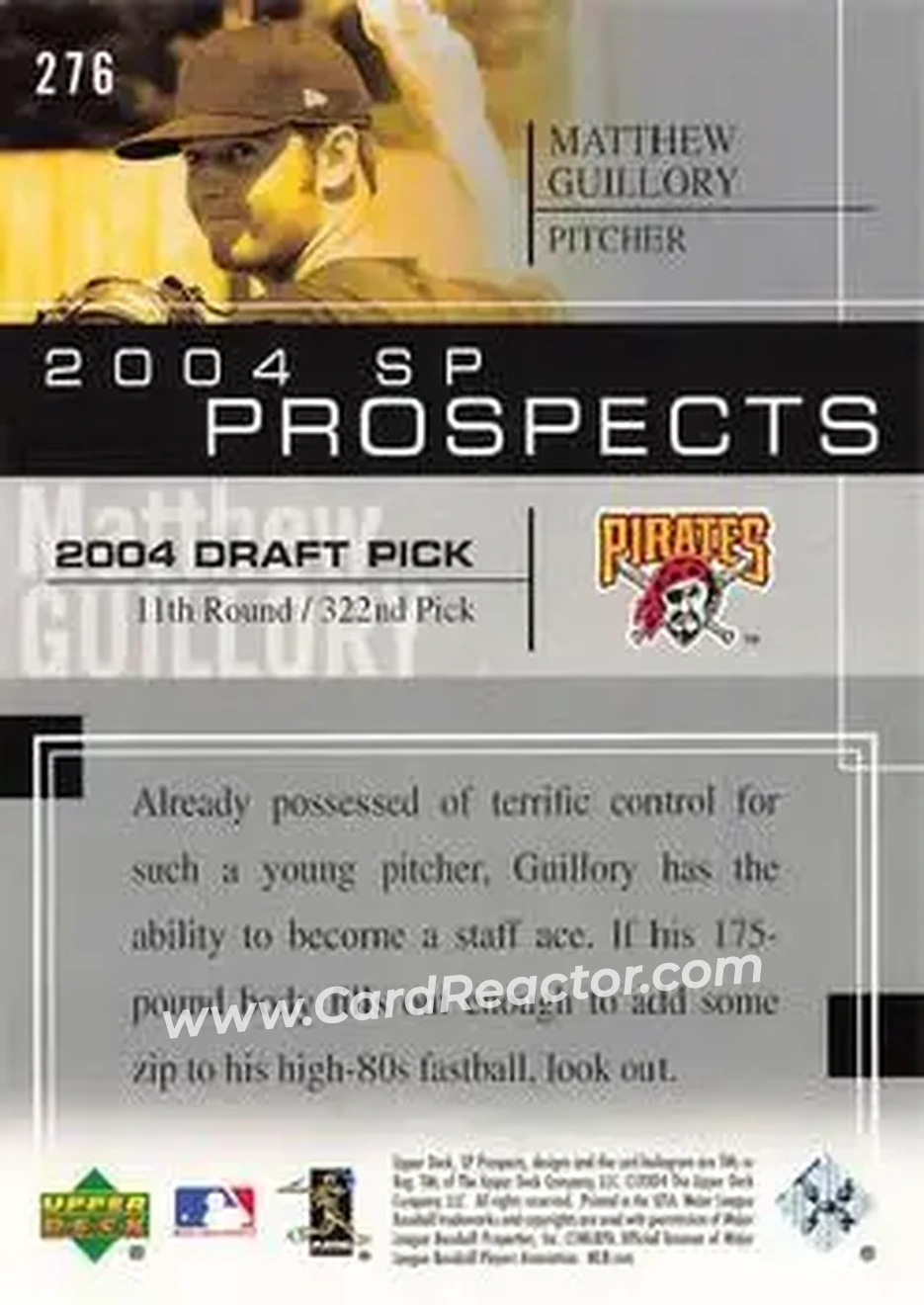 2004 SP Prospects #276 - Matthew Guillory - Pittsburgh Pirates - Back
