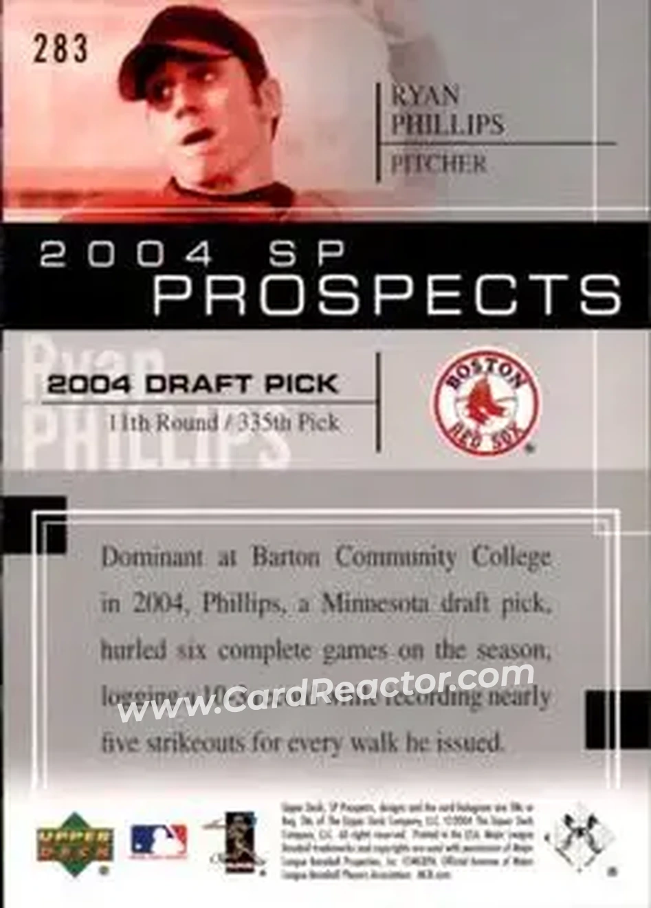 2004 SP Prospects #283 - Ryan Phillips - Boston Red Sox - Back 2004 SP Prospects #283 - Ryan Phillips - Boston Red Sox - Back