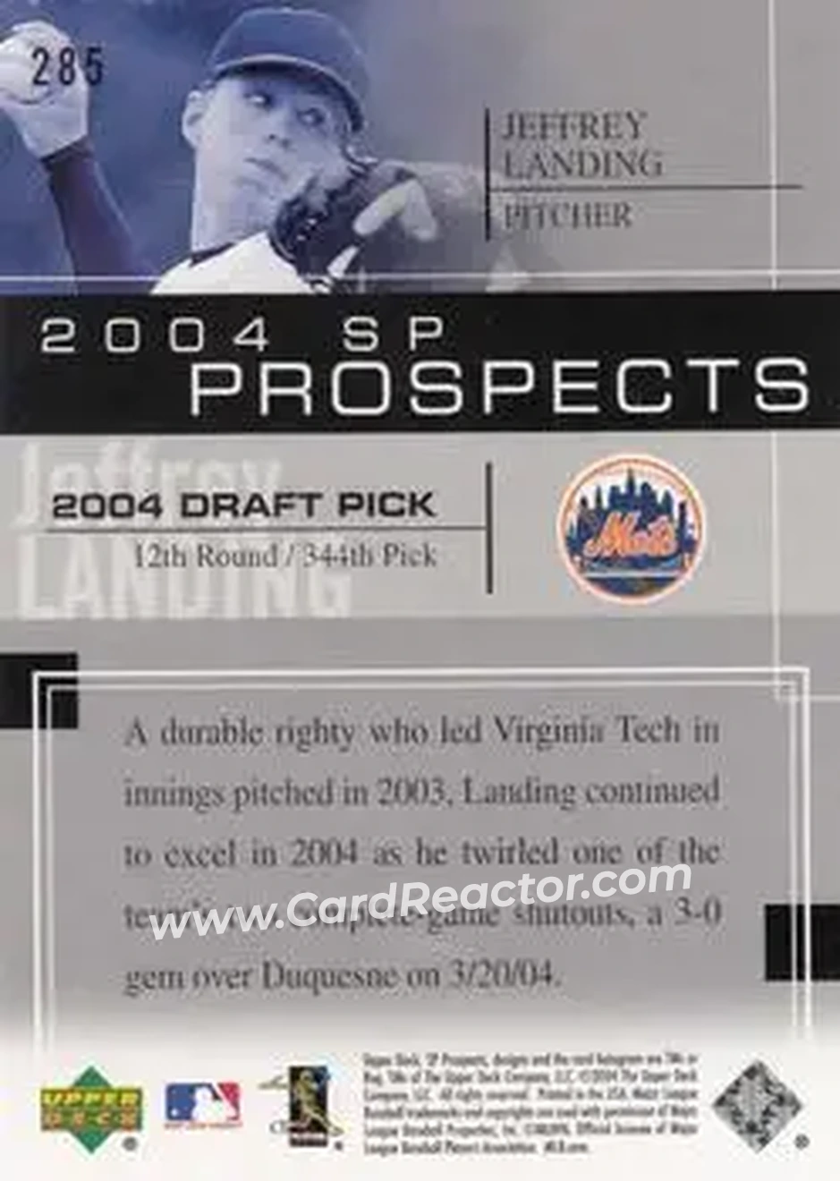 2004 SP Prospects #285 - Jeffrey Landing - New York Mets - Back