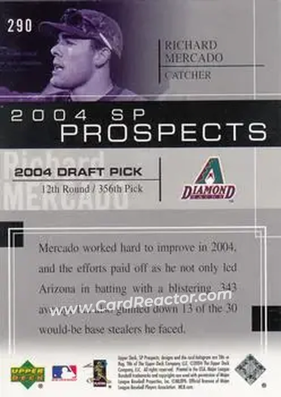 2004 SP Prospects #290 - Richard Mercado - Arizona Diamondbacks - Back