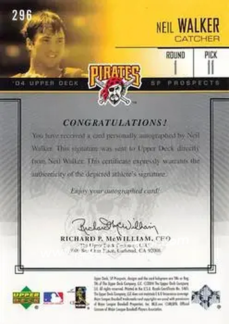 2004 SP Prospects #296 - Neil Walker - Pittsburgh Pirates - Back