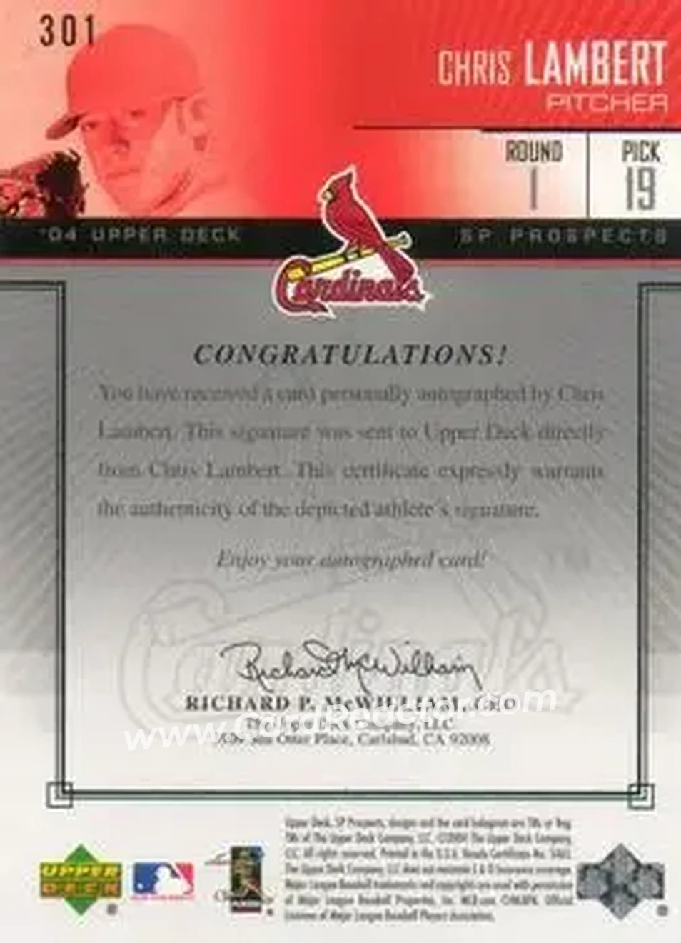2004 SP Prospects #301 - Chris Lambert - St. Louis Cardinals - Back