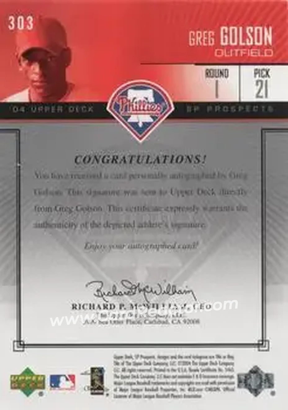 2004 SP Prospects #303 - Greg Golson - Philadelphia Phillies - Back