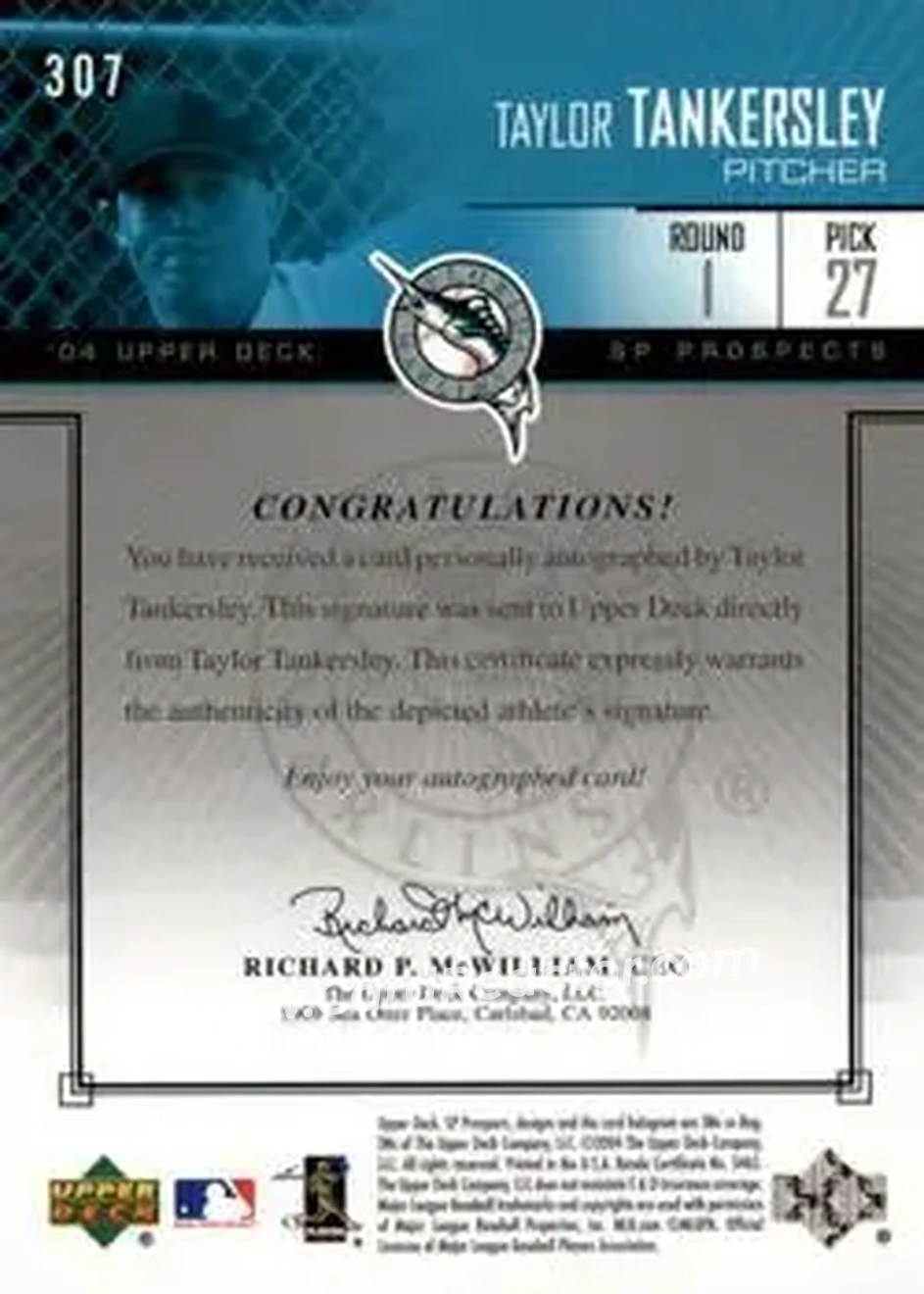 2004 SP Prospects #307 - Taylor Tankersley - Florida Marlins - Back