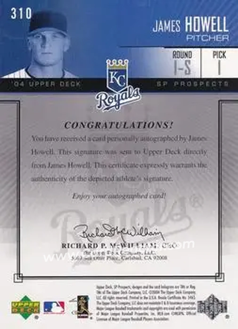 2004 SP Prospects #310 - J.P. Howell - Kansas City Royals - Back