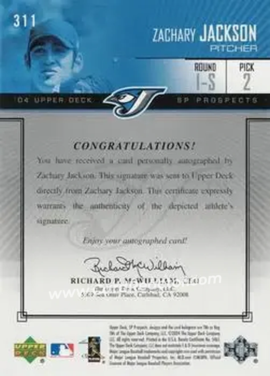 2004 SP Prospects #311 - Zach Jackson - Toronto Blue Jays - Back