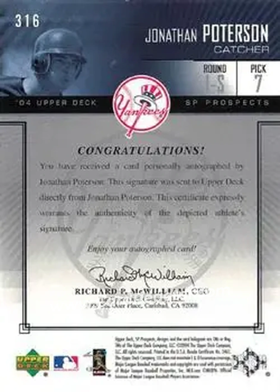 2004 SP Prospects #316 - Jon Poterson - New York Yankees - Back