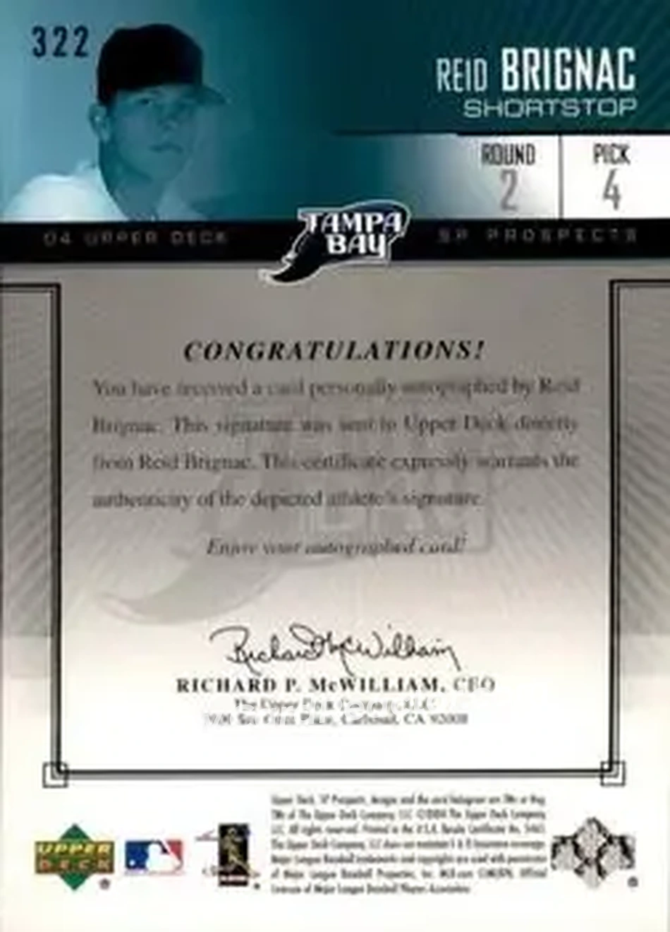 2004 SP Prospects #322 - Reid Brignac - Tampa Bay Devil Rays - Back