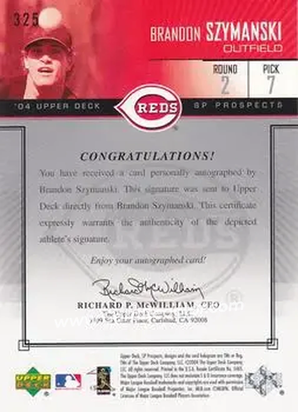 2004 SP Prospects #325 - B.J. Szymanski - Cincinnati Reds - Back