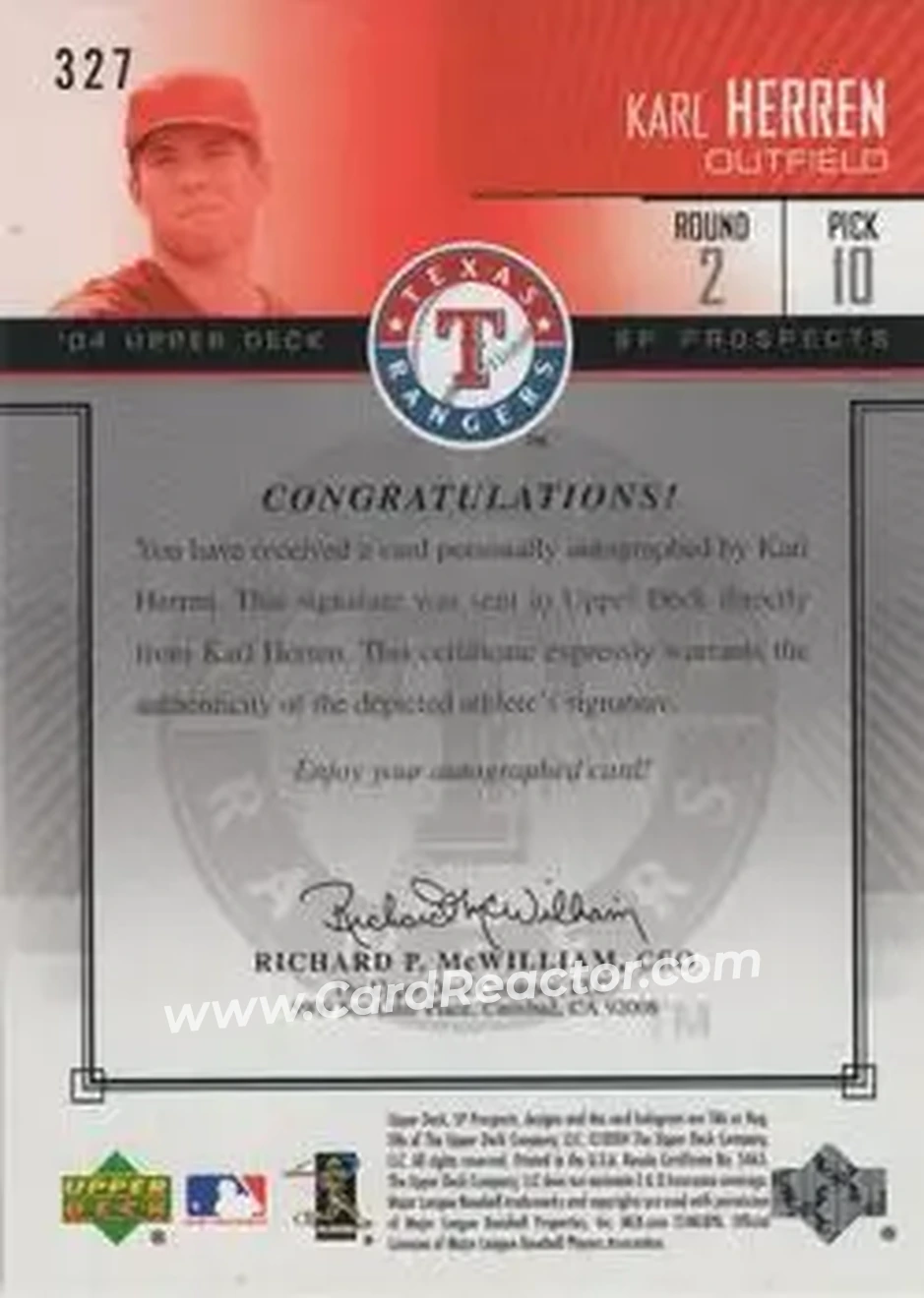 2004 SP Prospects #327 - Karl Herren - Texas Rangers - Back