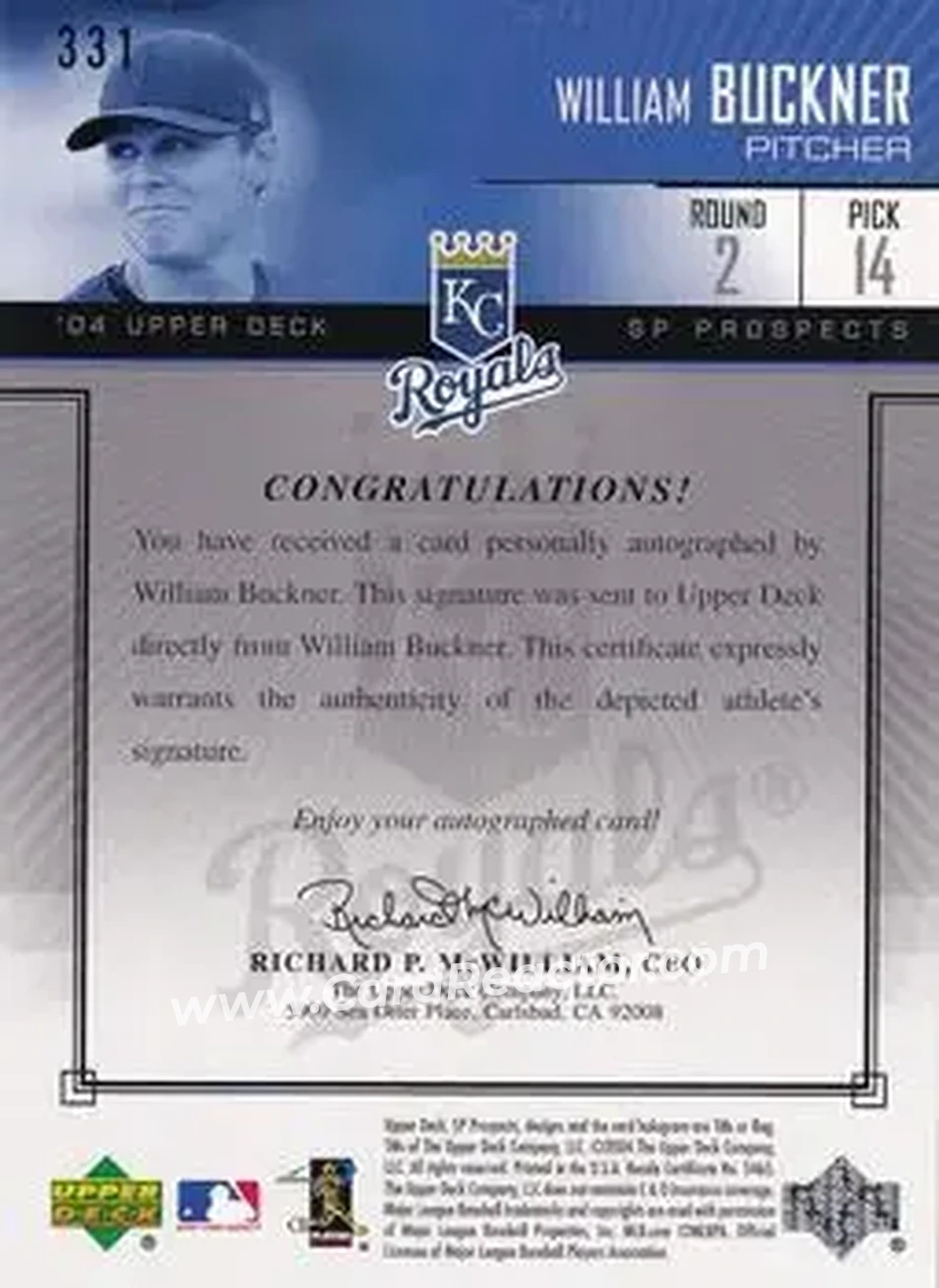 2004 SP Prospects #331 - Billy Buckner - Kansas City Royals - Back