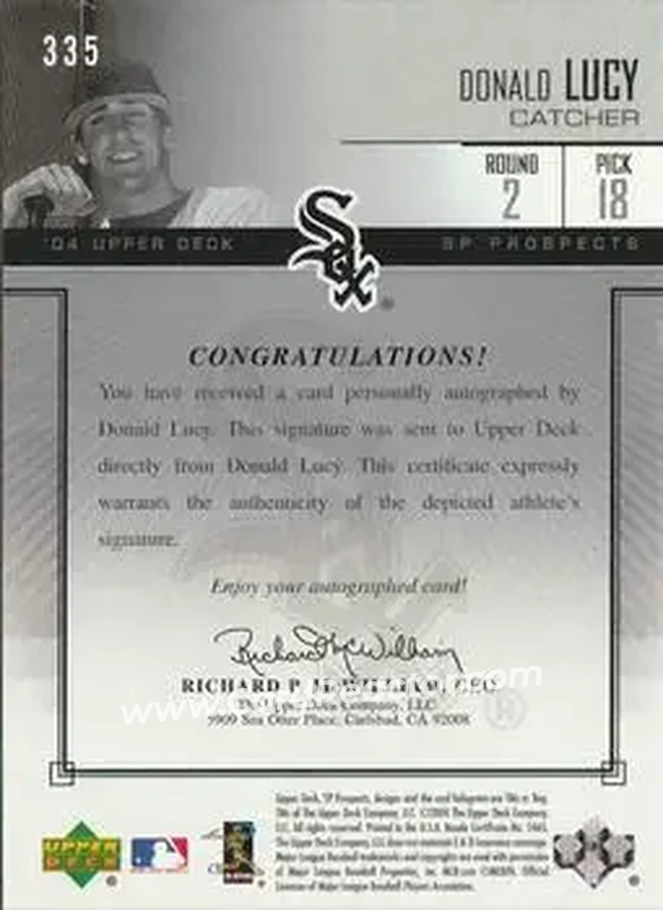 2004 SP Prospects #335 - Donny Lucy - Chicago White Sox - Back 2004 SP Prospects #335 - Donny Lucy - Chicago White Sox - Back