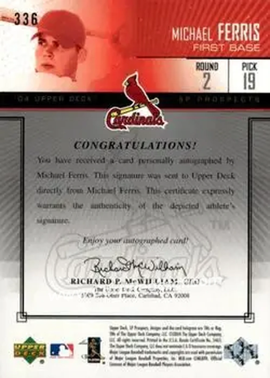2004 SP Prospects #336 - Mike Ferris - St. Louis Cardinals - Back