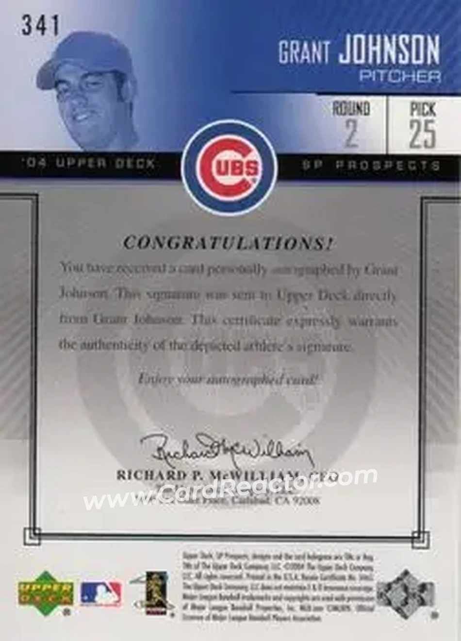 2004 SP Prospects #341 - Grant Johnson - Chicago Cubs - Back