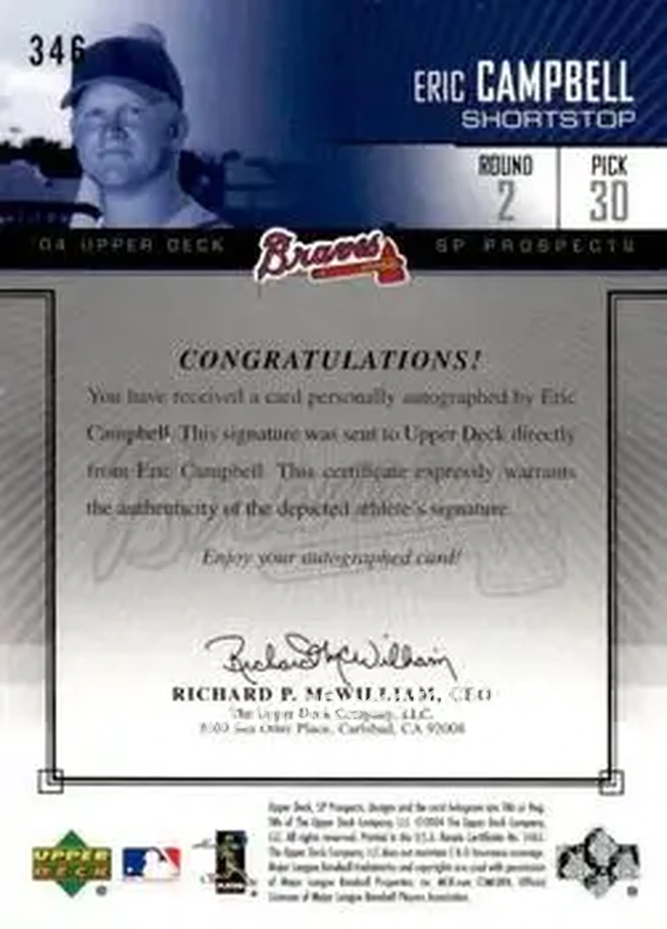 2004 SP Prospects #346 - Eric Campbell - Atlanta Braves - Back