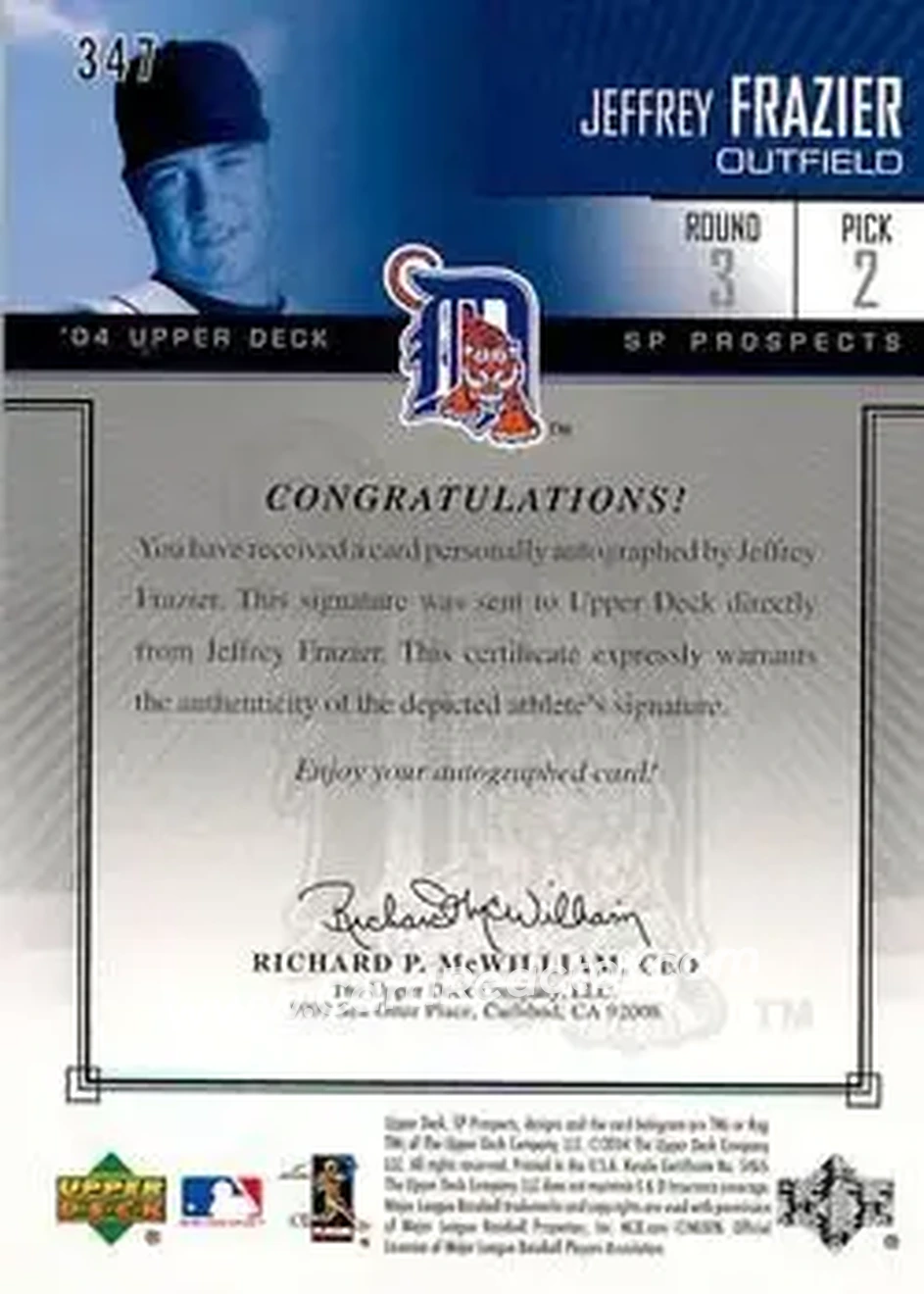 2004 SP Prospects #347 - Jeffrey Frazier - Detroit Tigers - Back