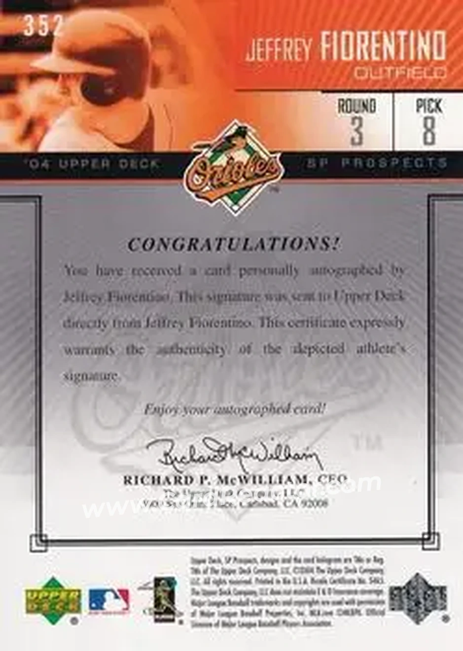 2004 SP Prospects #352 - Jeff Fiorentino - Baltimore Orioles - Back 2004 SP Prospects #352 - Jeff Fiorentino - Baltimore Orioles - Back