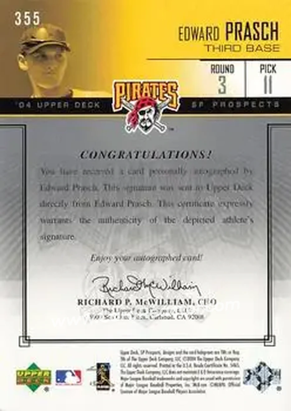 2004 SP Prospects #355 - Eddie Prasch - Pittsburgh Pirates - Back