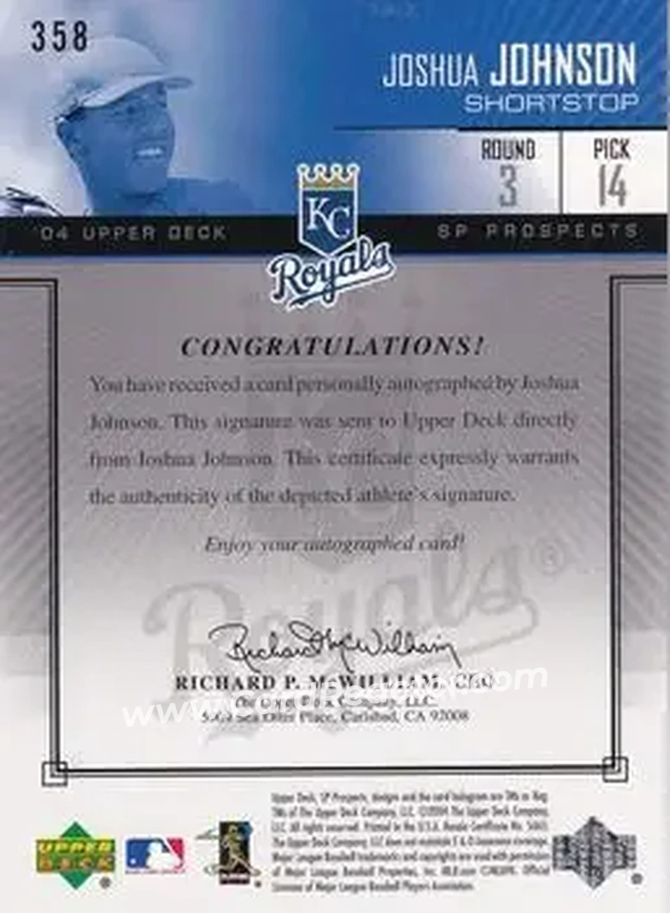 2004 SP Prospects #358 - Josh Johnson - Kansas City Royals - Back 2004 SP Prospects #358 - Josh Johnson - Kansas City Royals - Back