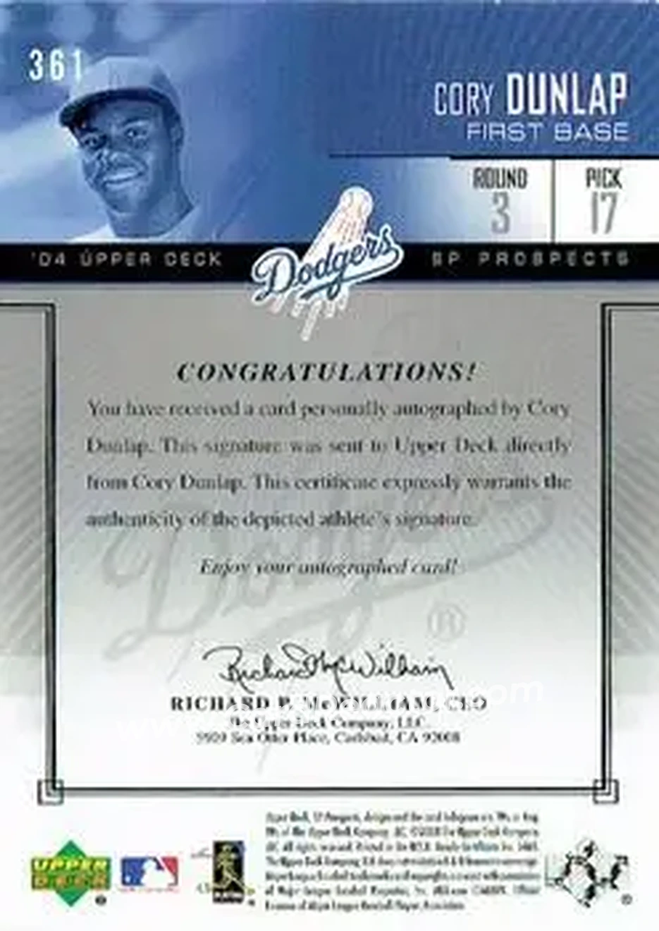 2004 SP Prospects #361 - Cory Dunlap - Los Angeles Dodgers - Back 2004 SP Prospects #361 - Cory Dunlap - Los Angeles Dodgers - Back