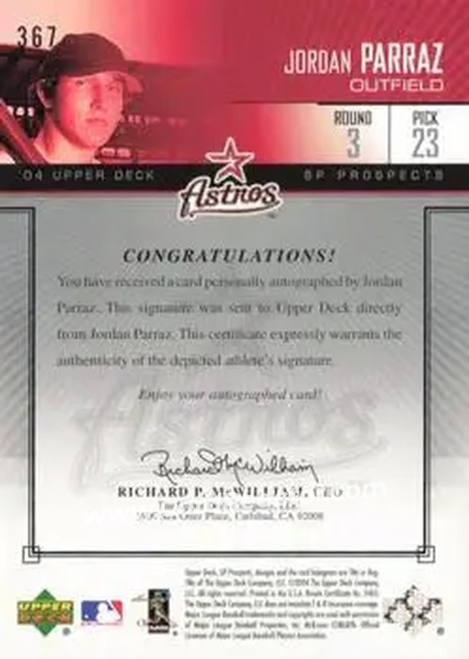 2004 SP Prospects #367 - Jordan Parraz - Houston Astros - Back