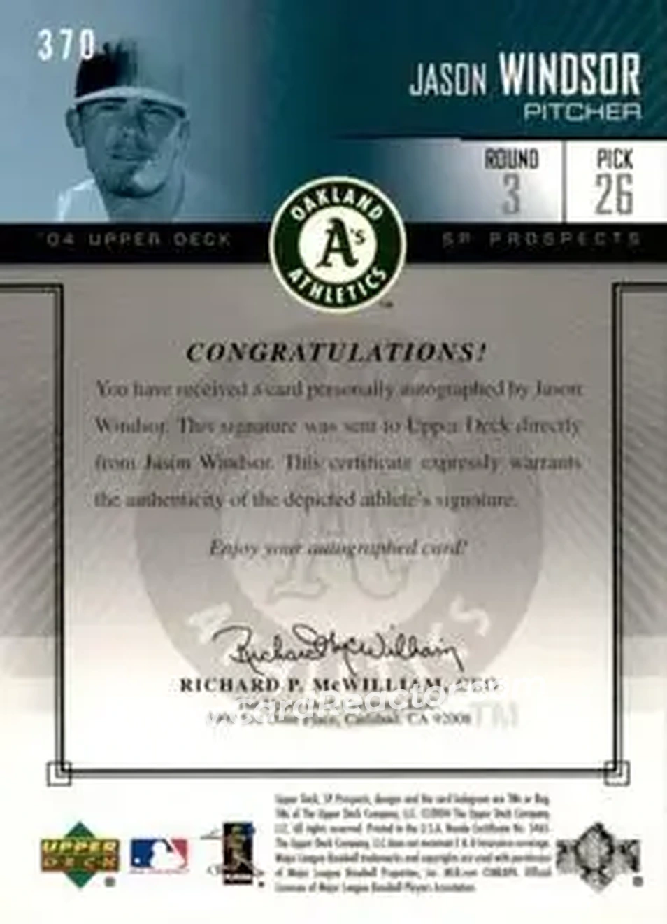 2004 SP Prospects #370 - Jason Windsor - Oakland Athletics - Back