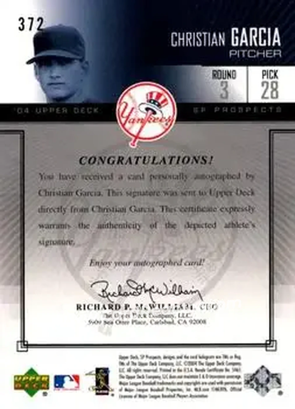2004 SP Prospects #372 - Christian Garcia - New York Yankees - Back