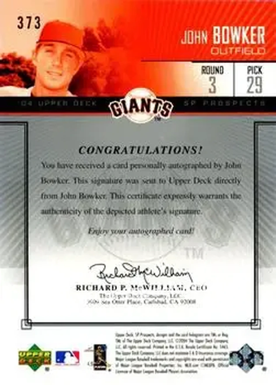 2004 SP Prospects #373 - John Bowker - San Francisco Giants - Back 2004 SP Prospects #373 - John Bowker - San Francisco Giants - Back