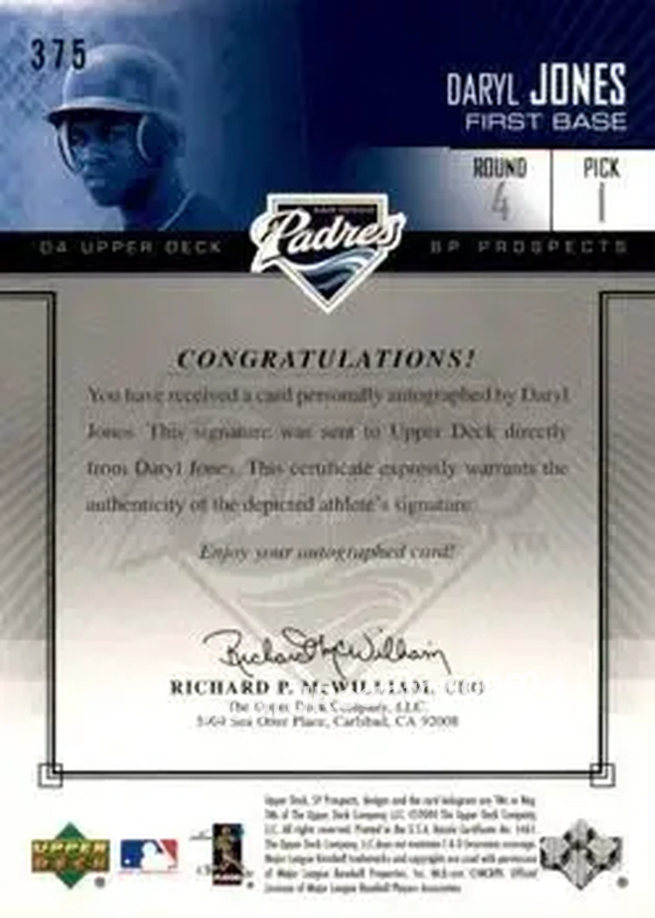 2004 SP Prospects #375 - Daryl Jones - San Diego Padres - Back 2004 SP Prospects #375 - Daryl Jones - San Diego Padres - Back
