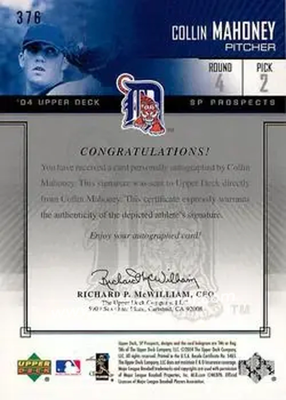 2004 SP Prospects #376 - Collin Mahoney - Detroit Tigers - Back
