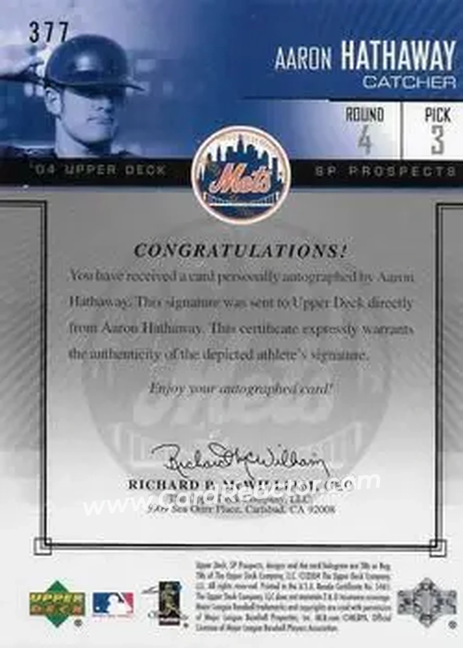 2004 SP Prospects #377 - Aaron Hathaway - New York Mets - Back 2004 SP Prospects #377 - Aaron Hathaway - New York Mets - Back