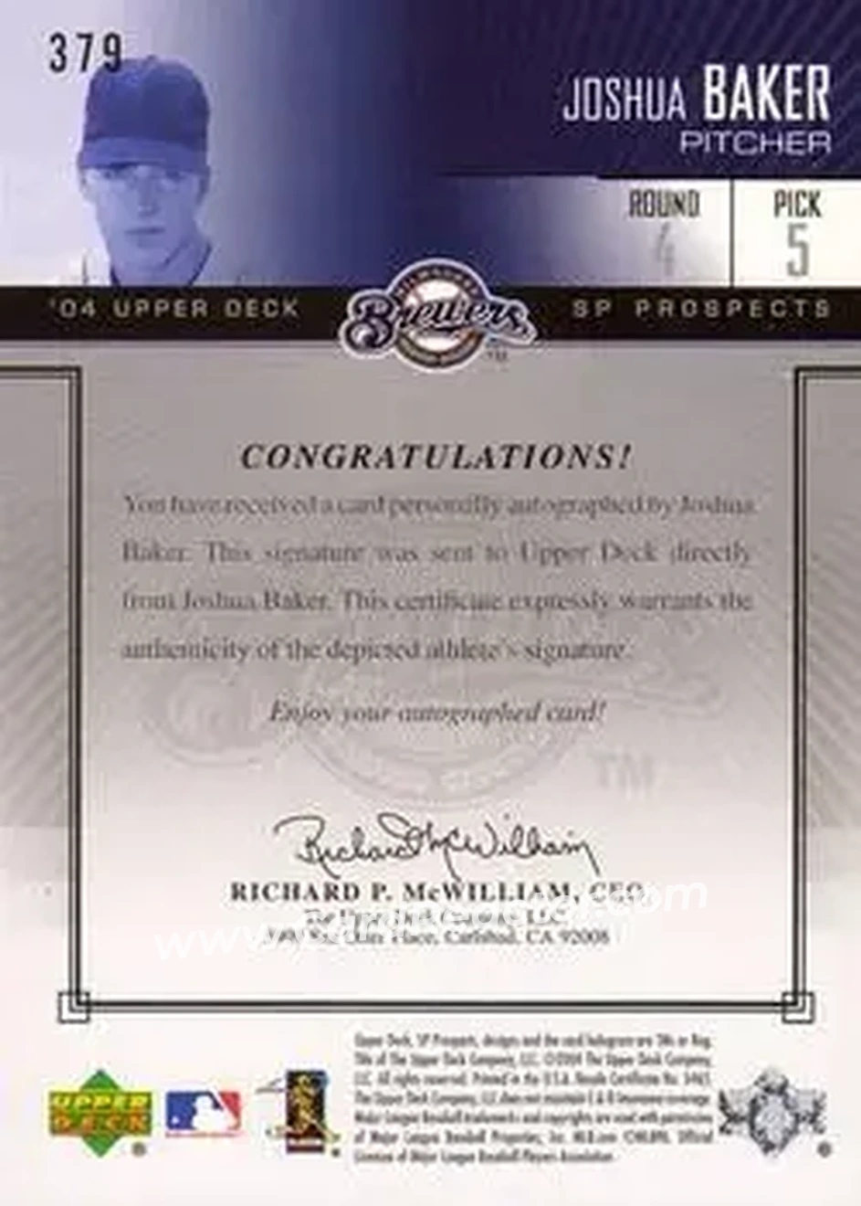2004 SP Prospects #379 - Joshua Baker - Milwaukee Brewers - Back 2004 SP Prospects #379 - Joshua Baker - Milwaukee Brewers - Back