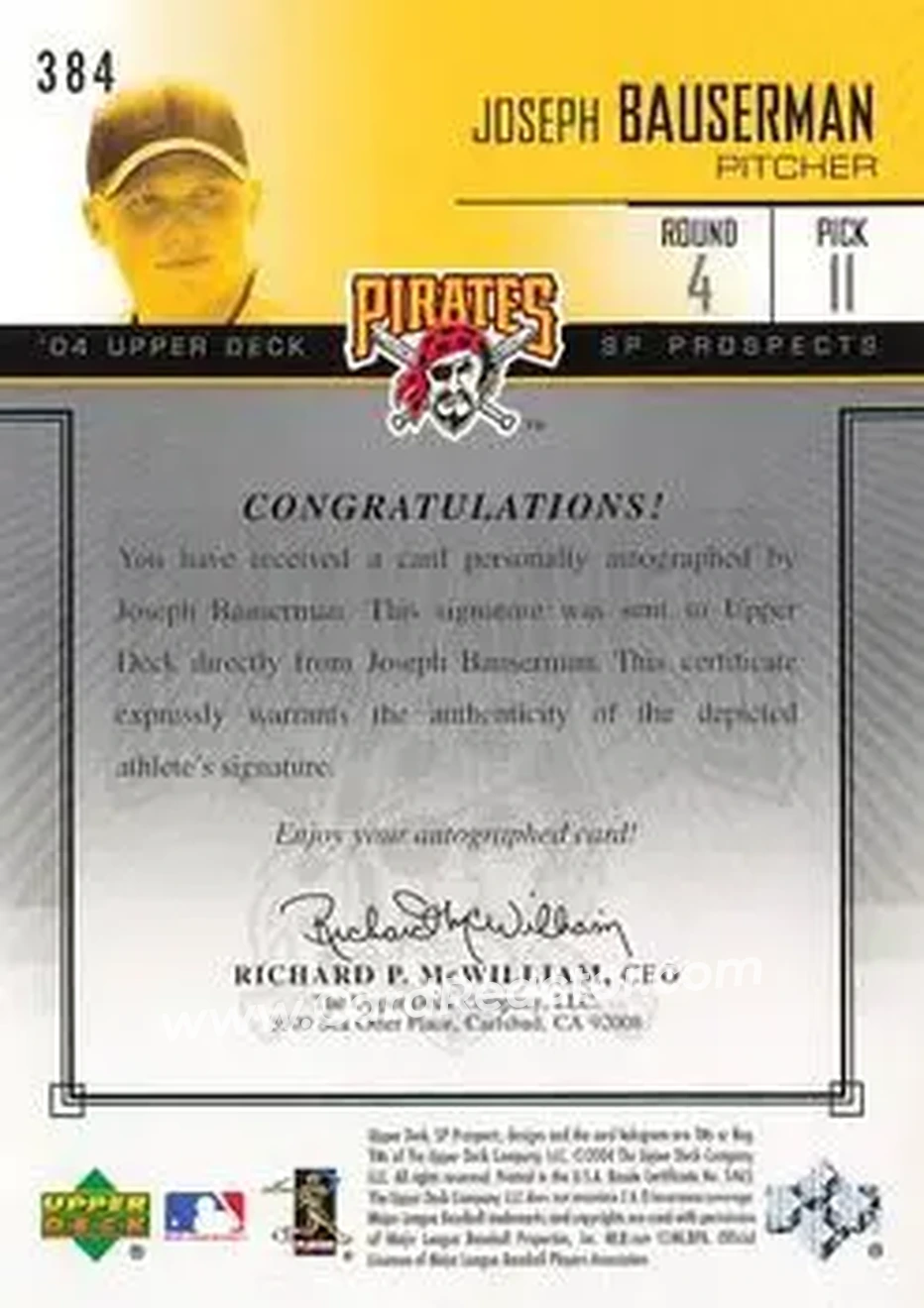 2004 SP Prospects #384 - Joe Bauserman - Pittsburgh Pirates - Back 2004 SP Prospects #384 - Joe Bauserman - Pittsburgh Pirates - Back